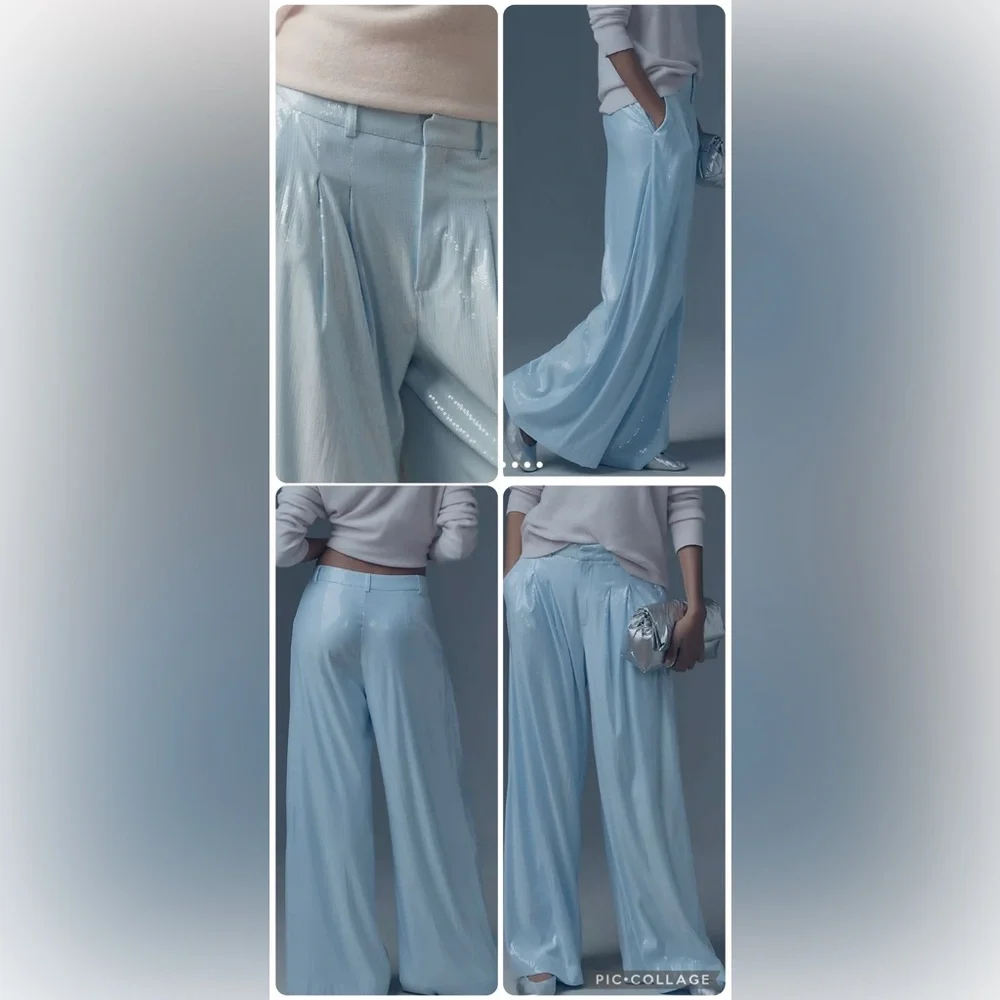 T36- MAEVE Baby Blue Sequined Pleated Wide Leg AVERY Trouser - Picture 9 of 9